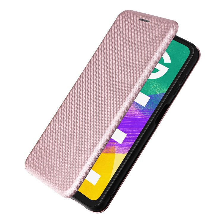 Phone Case for Samsung Galaxy F14 5G PU Leather Carbon Fiber Texture Stand Cover with Card Slot - Rose Gold