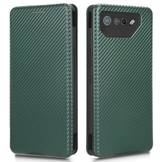 Stand Cover for Asus ROG Phone 7 5G / 7 Ultimate 5G Carbon Fiber Texture Card Slot PU Leather Phone Case - Green