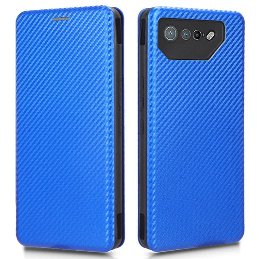 Stand Cover for Asus ROG Phone 7 5G / 7 Ultimate 5G Carbon Fiber Texture Card Slot PU Leather Phone Case - Blue