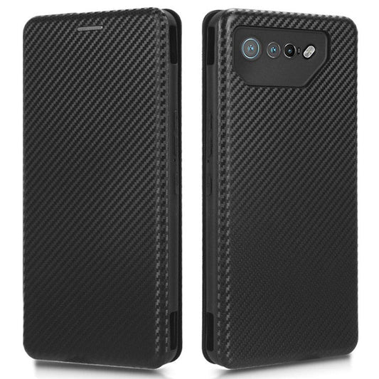 Stand Cover for Asus ROG Phone 7 5G / 7 Ultimate 5G Carbon Fiber Texture Card Slot PU Leather Phone Case - Black