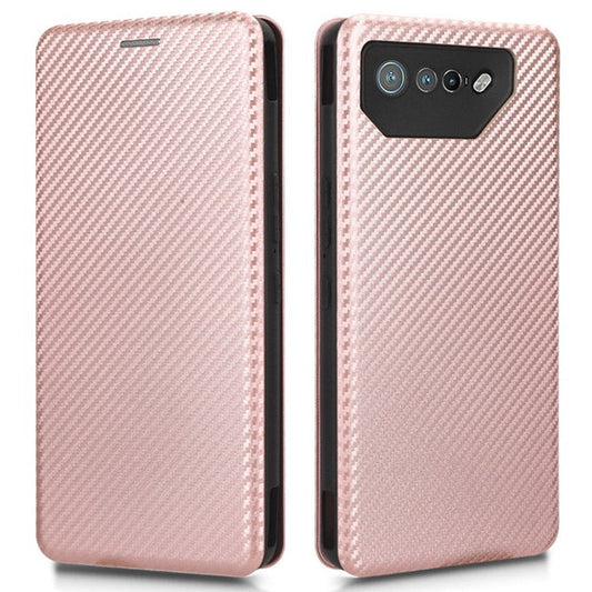 Stand Cover for Asus ROG Phone 7 5G / 7 Ultimate 5G Carbon Fiber Texture Card Slot PU Leather Phone Case - Rose Gold