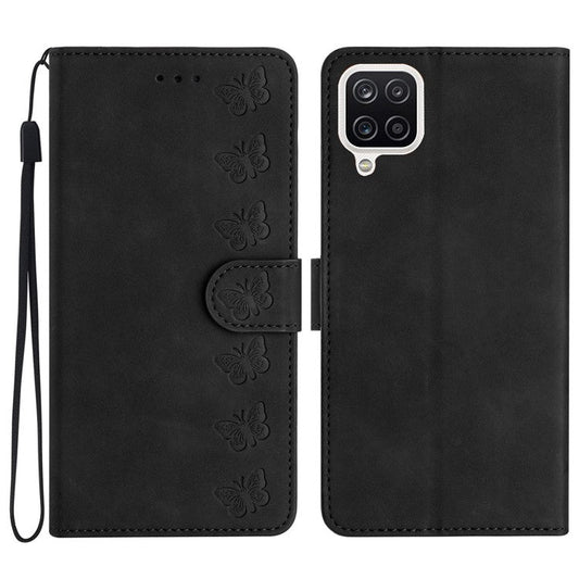 Leather Cover for Samsung Galaxy A22 4G (EU Version) Butterfly Imprinted Stand Wallet Drop-proof Case - Black