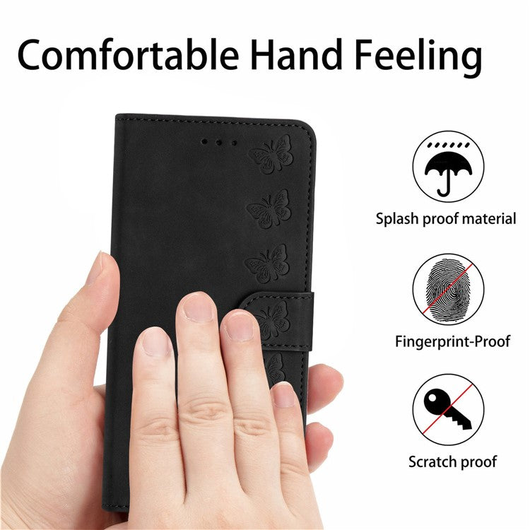 For Samsung Galaxy M32 (Global Version) 4G Butterfly Imprinted Phone Case Leather Wallet Flip Stand Cover - Black