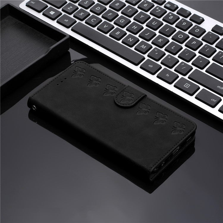 For Samsung Galaxy M32 (Global Version) 4G Butterfly Imprinted Phone Case Leather Wallet Flip Stand Cover - Black