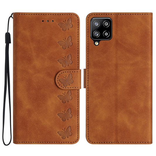For Samsung Galaxy M32 (Global Version) 4G Butterfly Imprinted Phone Case Leather Wallet Flip Stand Cover - Brown