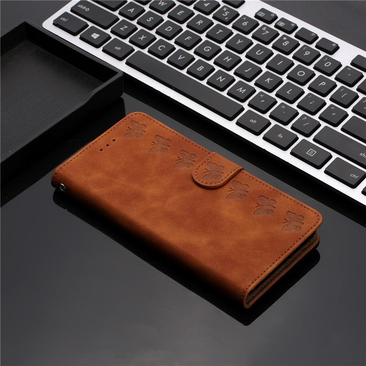 For Samsung Galaxy M32 (Global Version) 4G Butterfly Imprinted Phone Case Leather Wallet Flip Stand Cover - Brown