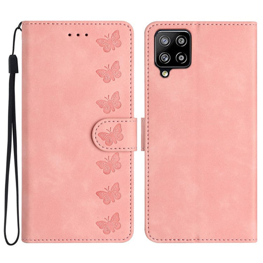 For Samsung Galaxy M32 (Global Version) 4G Butterfly Imprinted Phone Case Leather Wallet Flip Stand Cover - Pink