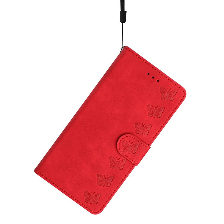 For Samsung Galaxy M32 (Global Version) 4G Butterfly Imprinted Phone Case Leather Wallet Flip Stand Cover - Red