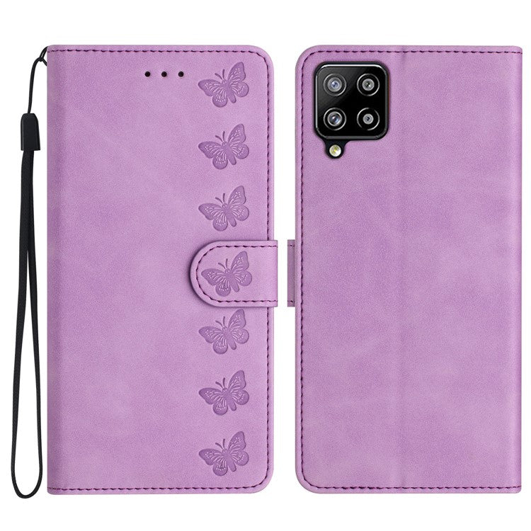 For Samsung Galaxy M32 (Global Version) 4G Butterfly Imprinted Phone Case Leather Wallet Flip Stand Cover - Purple