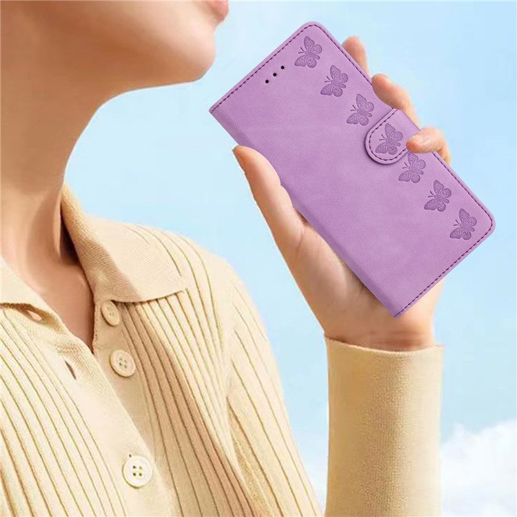 For Samsung Galaxy M32 (Global Version) 4G Butterfly Imprinted Phone Case Leather Wallet Flip Stand Cover - Purple