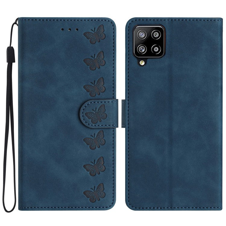 For Samsung Galaxy M32 (Global Version) 4G Butterfly Imprinted Phone Case Leather Wallet Flip Stand Cover - Blue