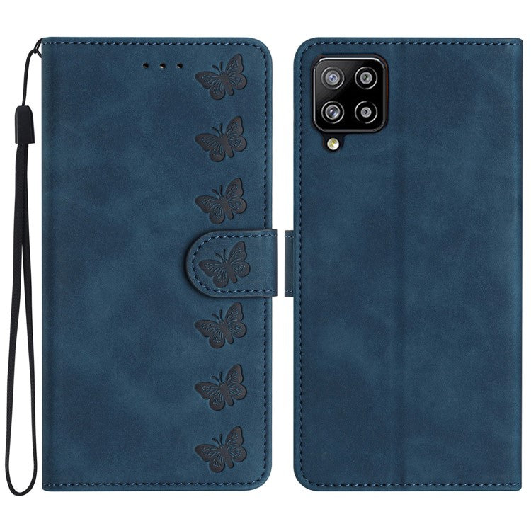Butterfly Imprinted Phone Case for Samsung Galaxy M53 5G PU Leather Cover with Stand Wallet - Blue