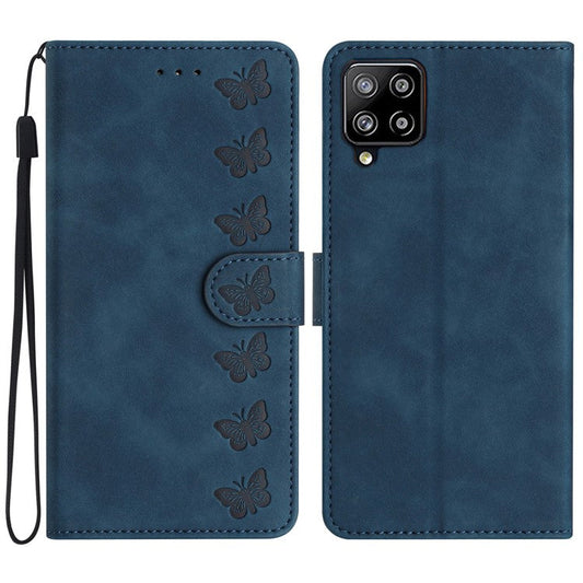 Butterfly Imprinted Phone Case for Samsung Galaxy M53 5G PU Leather Cover with Stand Wallet - Blue