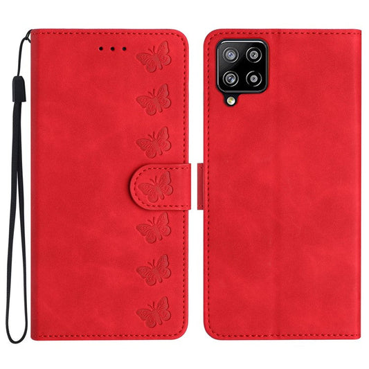 Butterfly Imprinted Phone Case for Samsung Galaxy M53 5G PU Leather Cover with Stand Wallet - Red