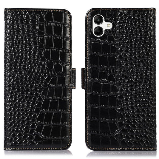For Samsung Galaxy F14 5G RFID Blocking Phone Case Genuine Cowhide Leather Wallet Stand Cover - Black