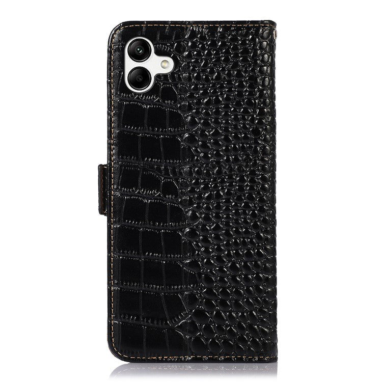 For Samsung Galaxy F14 5G RFID Blocking Phone Case Genuine Cowhide Leather Wallet Stand Cover - Black