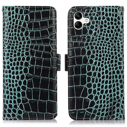 For Samsung Galaxy F14 5G RFID Blocking Phone Case Genuine Cowhide Leather Wallet Stand Cover - Green