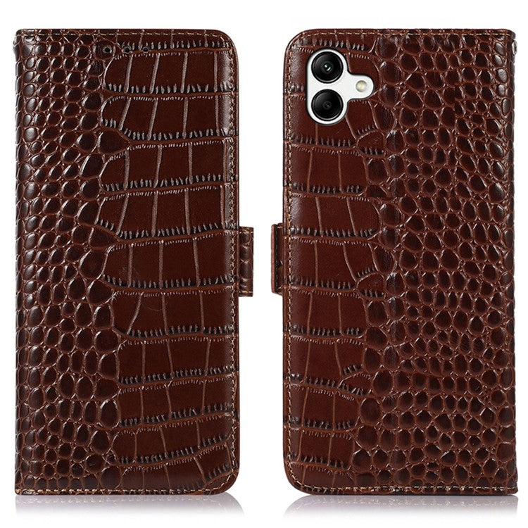 For Samsung Galaxy F14 5G RFID Blocking Phone Case Genuine Cowhide Leather Wallet Stand Cover - Brown
