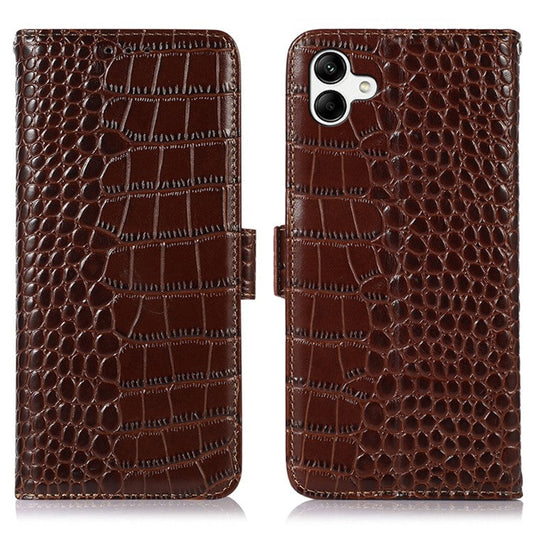 For Samsung Galaxy F14 5G RFID Blocking Phone Case Genuine Cowhide Leather Wallet Stand Cover - Brown