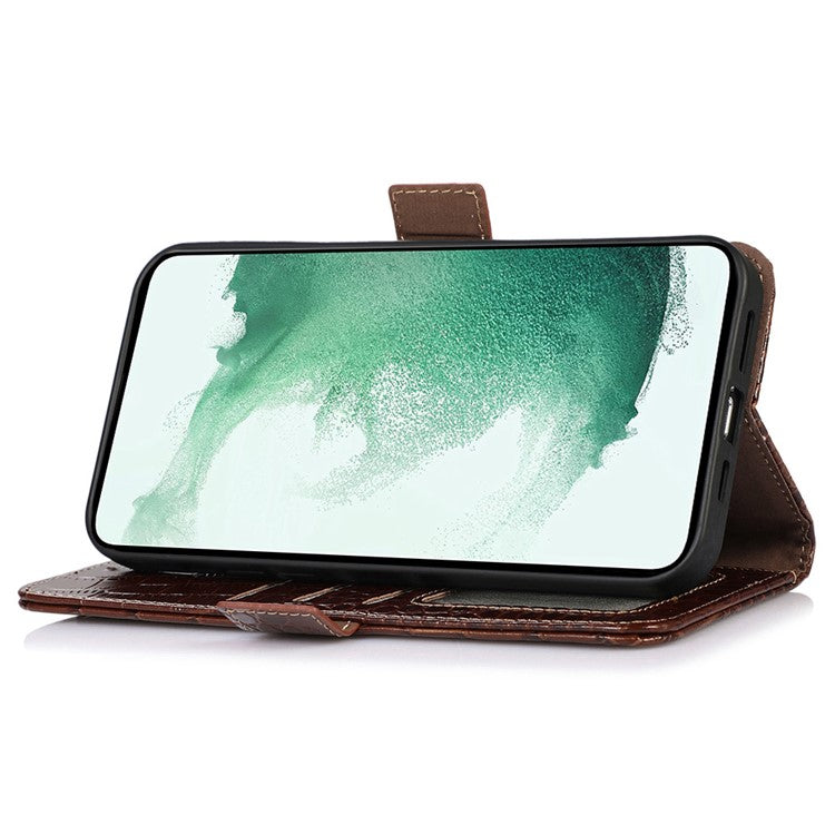 For Samsung Galaxy F14 5G RFID Blocking Phone Case Genuine Cowhide Leather Wallet Stand Cover - Brown