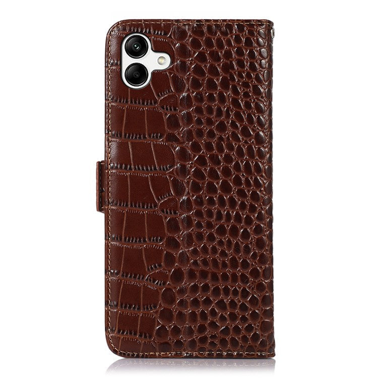 For Samsung Galaxy F14 5G RFID Blocking Phone Case Genuine Cowhide Leather Wallet Stand Cover - Brown