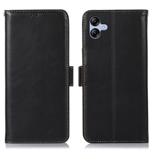 For Samsung Galaxy F14 5G RFID Blocking Phone Cover Genuine Cowhide Leather Case with Stand Wallet - Black