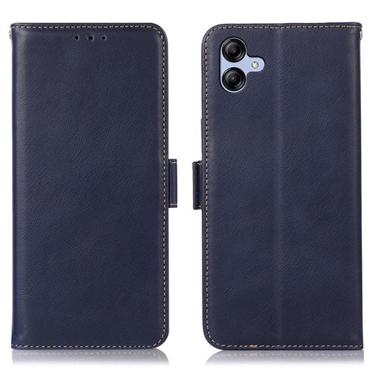 For Samsung Galaxy F14 5G RFID Blocking Phone Cover Genuine Cowhide Leather Case with Stand Wallet - Blue