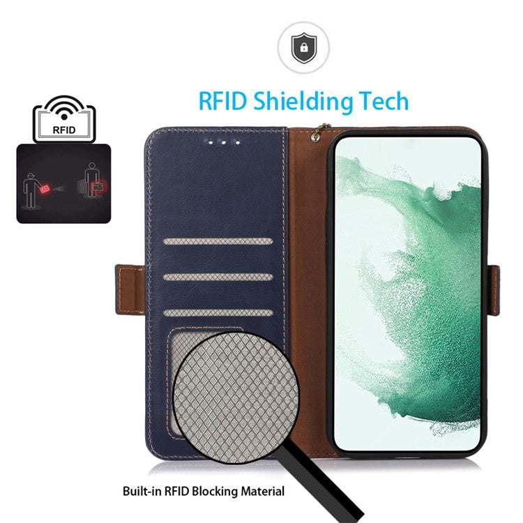 For Samsung Galaxy F14 5G RFID Blocking Phone Cover Genuine Cowhide Leather Case with Stand Wallet - Blue