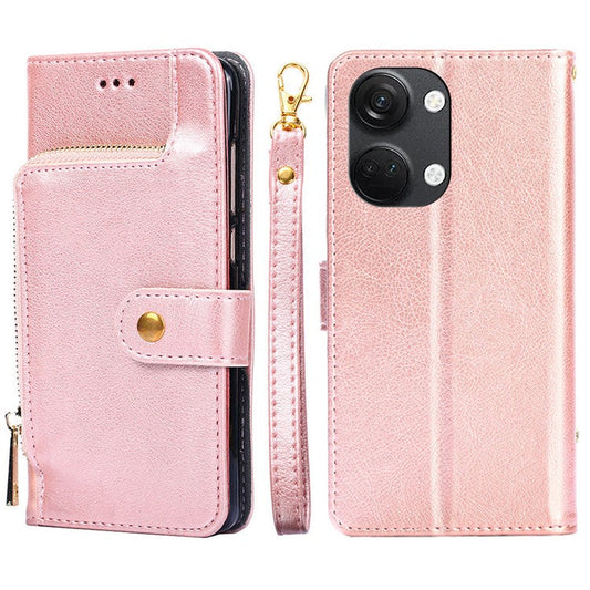 Phone Case for OnePlus Nord 3 5G / Ace 2V 5G Zipper Pocket PU Leather Wallet Foldable Stand Cover with Strap - Rose Gold