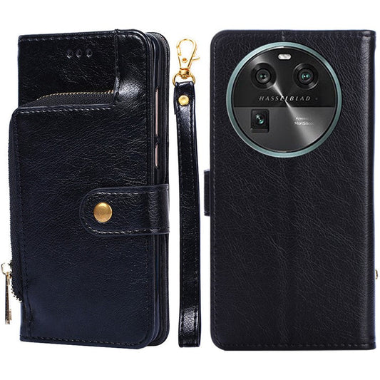 Phone Case for Oppo Find X6 Zipper Pocket Wallet Horizontal Stand PU Leather Cover with Strap - Black