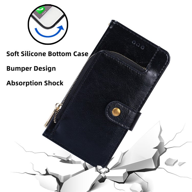 Phone Case for Oppo Find X6 Zipper Pocket Wallet Horizontal Stand PU Leather Cover with Strap - Black
