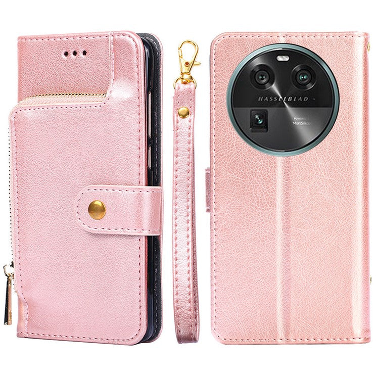 Phone Case for Oppo Find X6 Zipper Pocket Wallet Horizontal Stand PU Leather Cover with Strap - Rose Gold