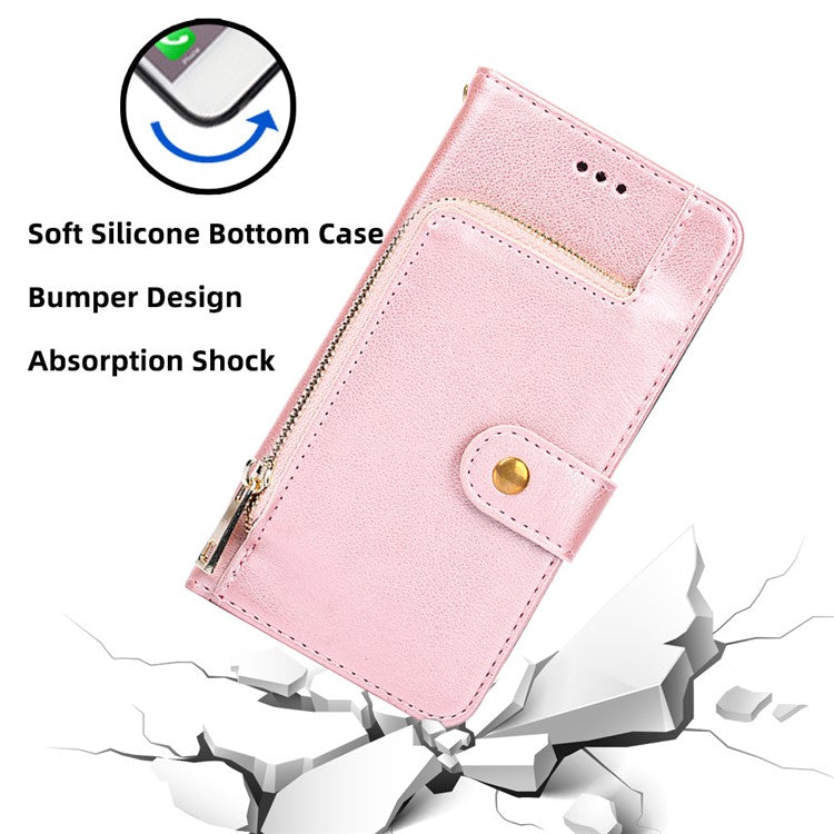 Phone Case for Oppo Find X6 Zipper Pocket Wallet Horizontal Stand PU Leather Cover with Strap - Rose Gold