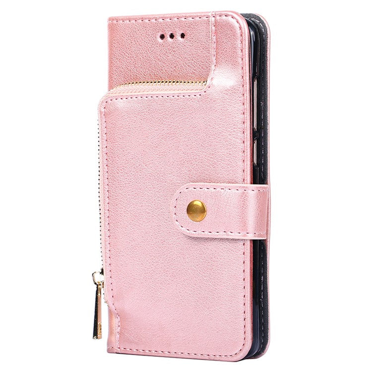Phone Case for Oppo Find X6 Zipper Pocket Wallet Horizontal Stand PU Leather Cover with Strap - Rose Gold