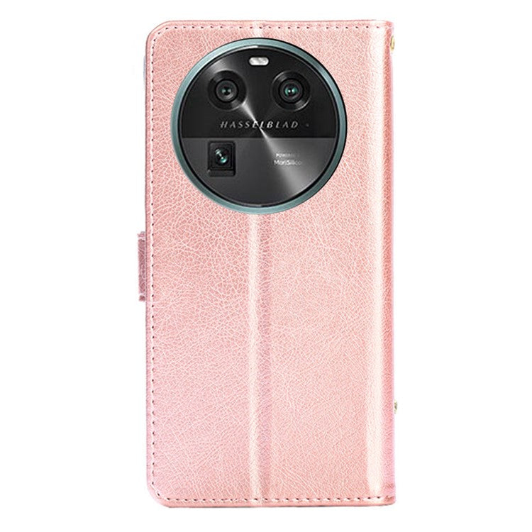 Phone Case for Oppo Find X6 Zipper Pocket Wallet Horizontal Stand PU Leather Cover with Strap - Rose Gold