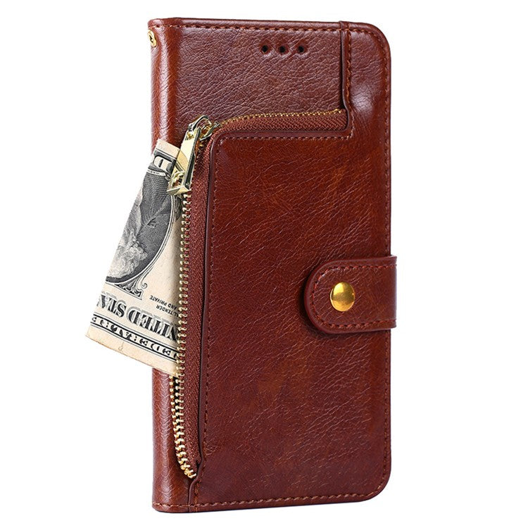 Phone Case for Oppo Find X6 Zipper Pocket Wallet Horizontal Stand PU Leather Cover with Strap - Brown