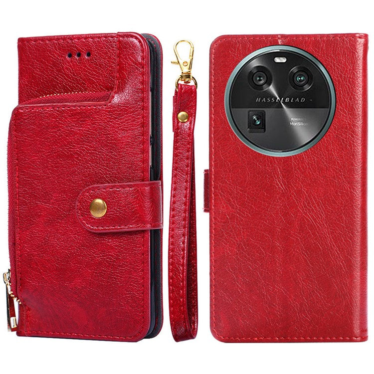 Phone Case for Oppo Find X6 Zipper Pocket Wallet Horizontal Stand PU Leather Cover with Strap - Red
