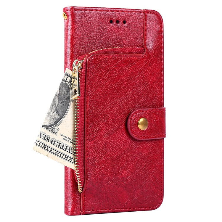 Phone Case for Oppo Find X6 Zipper Pocket Wallet Horizontal Stand PU Leather Cover with Strap - Red
