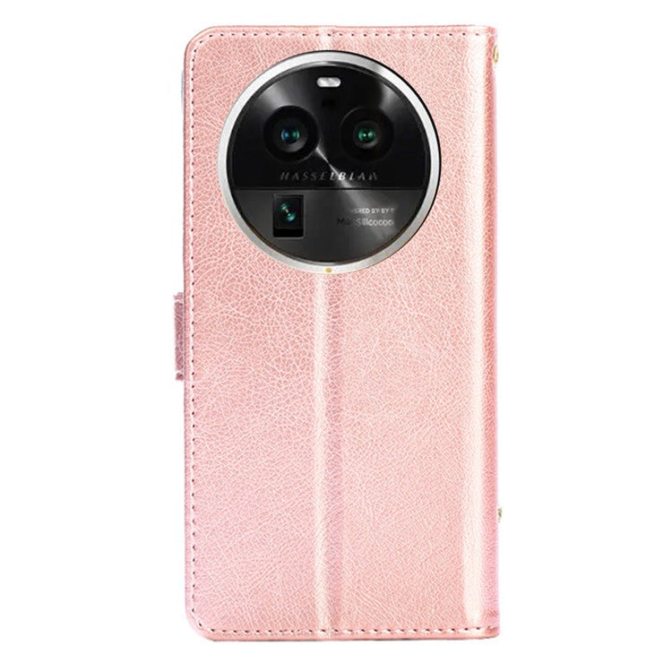 Wallet Case for Oppo Find X6 Pro Zipper Pocket PU Leather Horizontal Stand Phone Cover with Strap - Rose Gold
