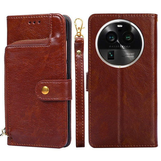 Wallet Case for Oppo Find X6 Pro Zipper Pocket PU Leather Horizontal Stand Phone Cover with Strap - Brown