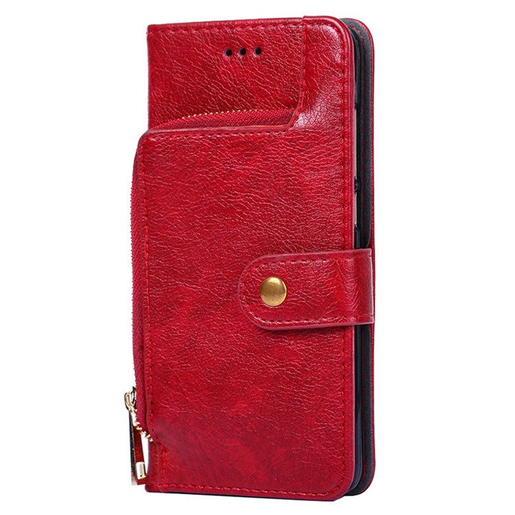 Wallet Case for Oppo Find X6 Pro Zipper Pocket PU Leather Horizontal Stand Phone Cover with Strap - Red