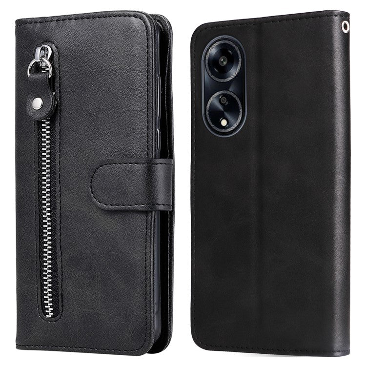 Leather Phone Case for Oppo A1 5G / A98 5G / F23 5G , Calf Texture Zipper Pocket Stand Shell Drop-proof Wallet Cover - Black