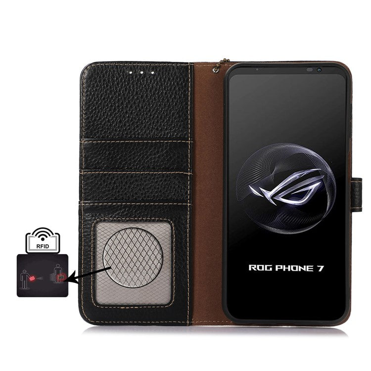 For Asus ROG Phone 7 5G / 7 Ultimate 5G Phone Case RFID Blocking Genuine Cow Leather Wallet Stand Cover - Black