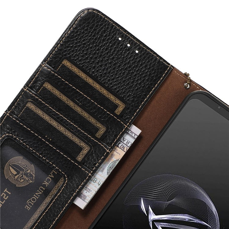 For Asus ROG Phone 7 5G / 7 Ultimate 5G Phone Case RFID Blocking Genuine Cow Leather Wallet Stand Cover - Black