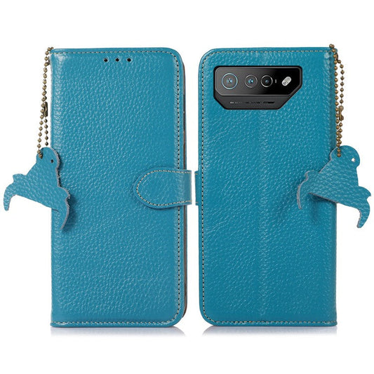 For Asus ROG Phone 7 5G / 7 Ultimate 5G Phone Case RFID Blocking Genuine Cow Leather Wallet Stand Cover - Blue