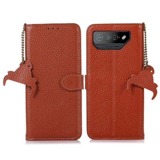 For Asus ROG Phone 7 5G / 7 Ultimate 5G Phone Case RFID Blocking Genuine Cow Leather Wallet Stand Cover - Brown