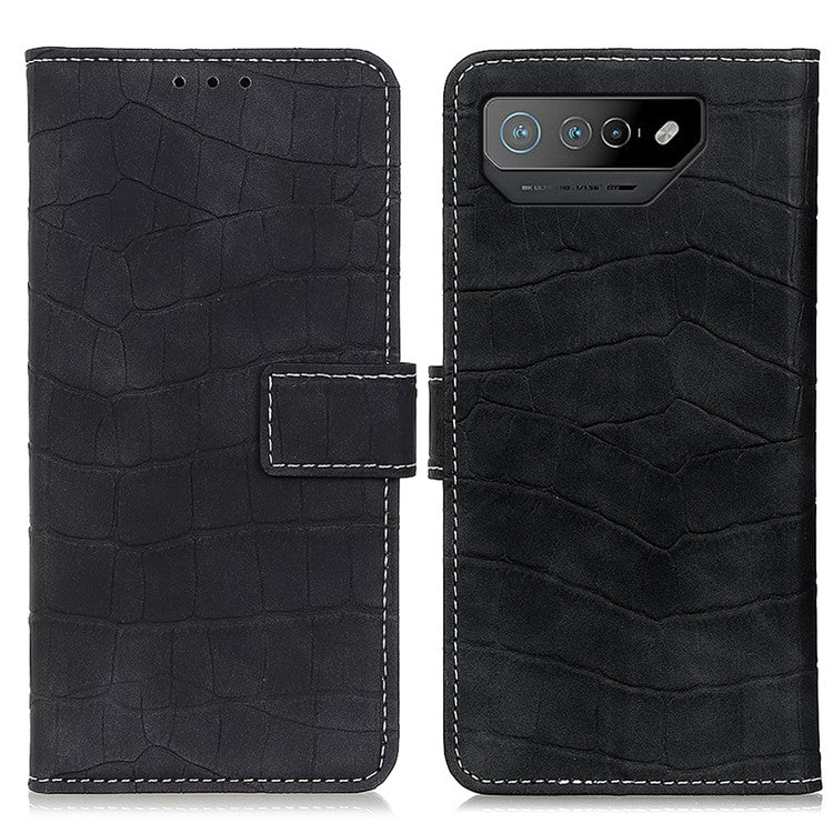 For Asus ROG Phone 7 5G Stand Wallet Phone Case Crocodile Texture PU Leather Cover - Black