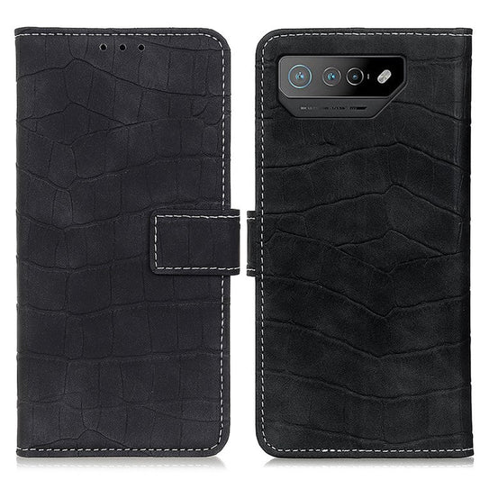 For Asus ROG Phone 7 5G Stand Wallet Phone Case Crocodile Texture PU Leather Cover - Black