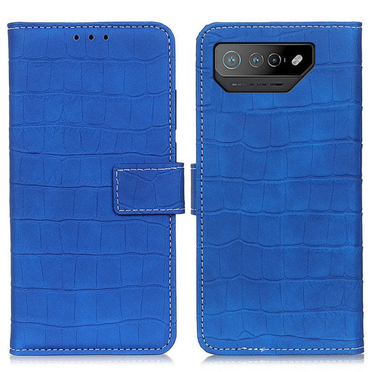 For Asus ROG Phone 7 5G Stand Wallet Phone Case Crocodile Texture PU Leather Cover - Blue
