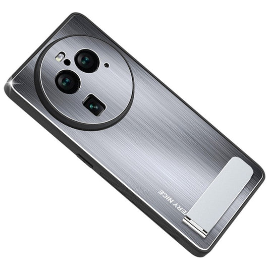 Phone Case for Oppo Find X6 Pro TPU Bumper Aluminium Alloy Brushed Back Kickstand Phone Cover - Silver